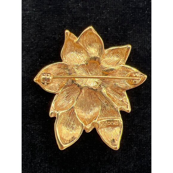 Vintage Monet Red & Gold Poinsettia Brooch With Rhinestone Accents - Picture 2 of 7